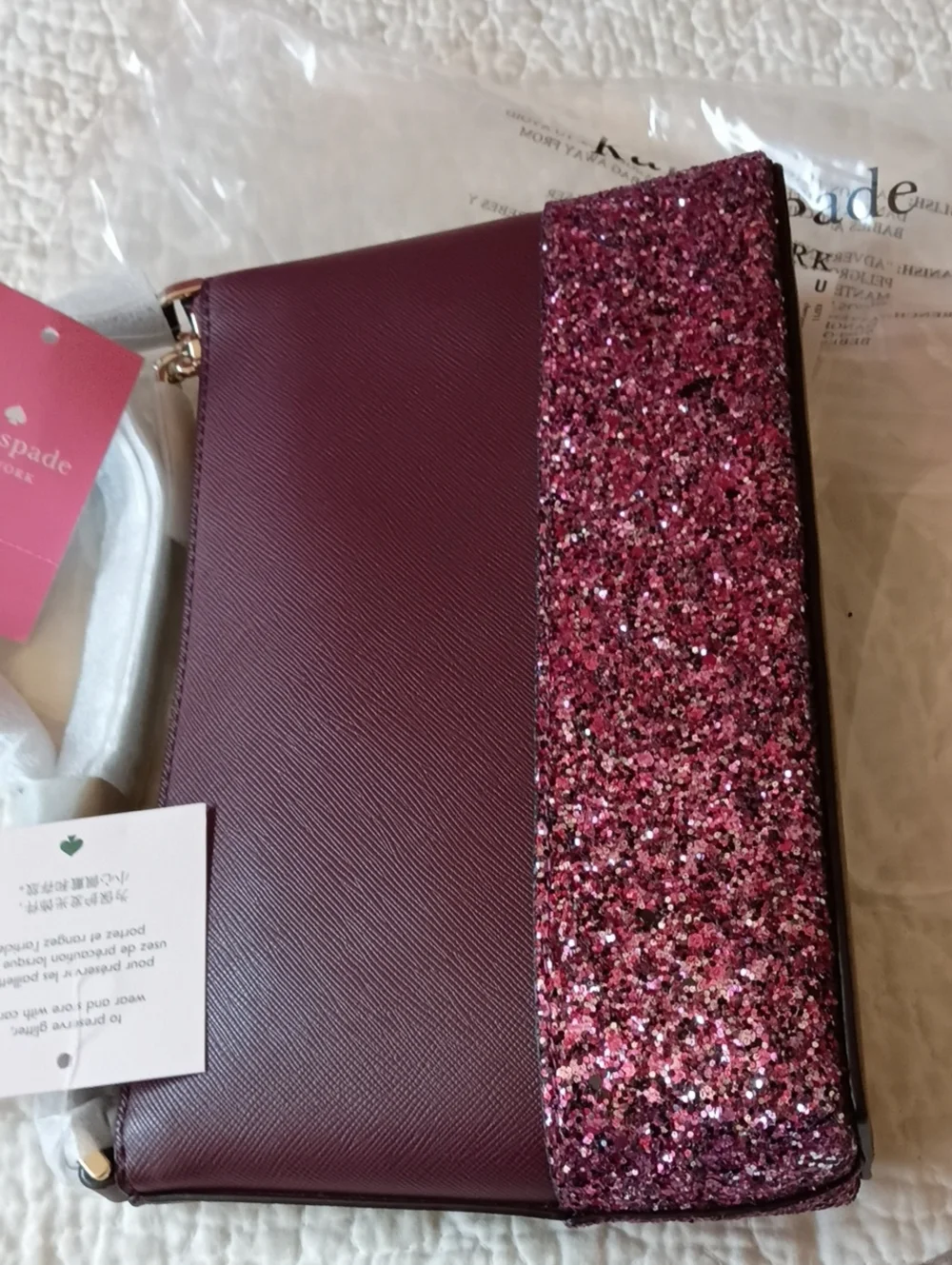 KATE SPADE burgundy crossbody w/ pink glitter panel NEW WITH TAGS $279 Nordstrom